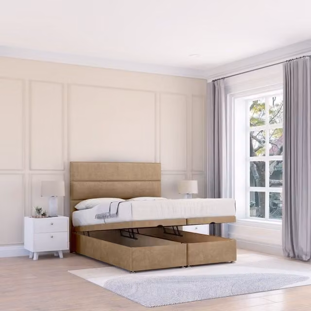 Sloomy Texas Naples Double Fabric Ottoman Bed in Light Brown with Hybrid Memory Mattress and 26 Inch Strut Headboard, W/D/H: 140 x 200 cm