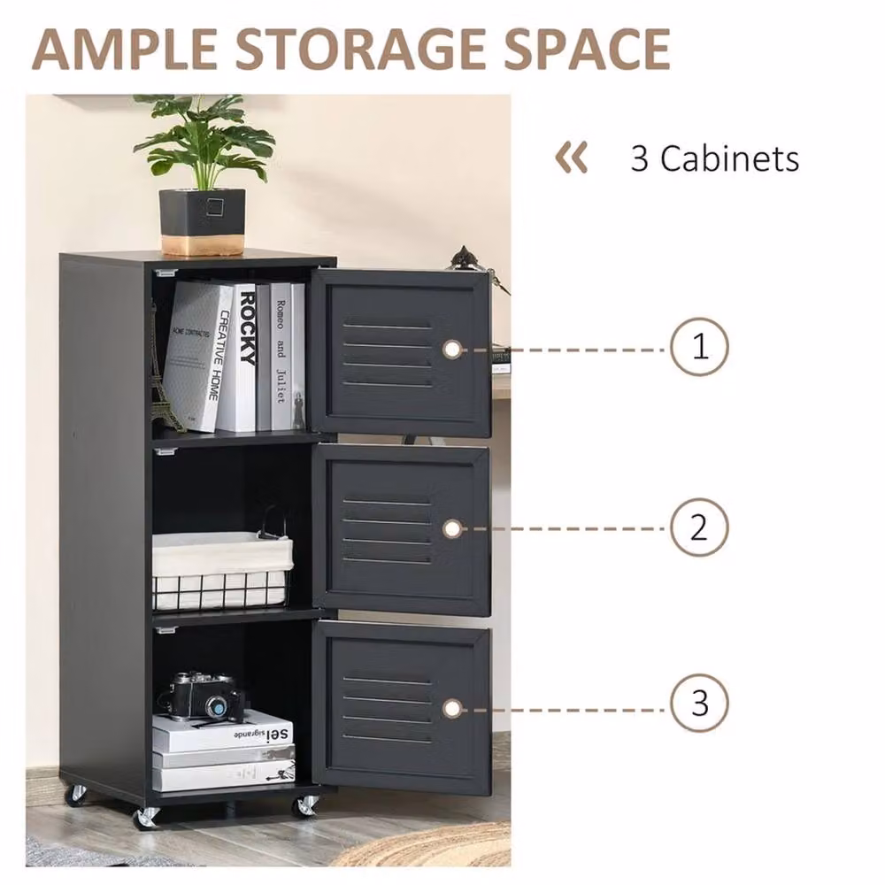 Nordara Black 3-Tier Rolling Mobile File Storage Cabinet W: 100 cm, D: 100 cm – 5