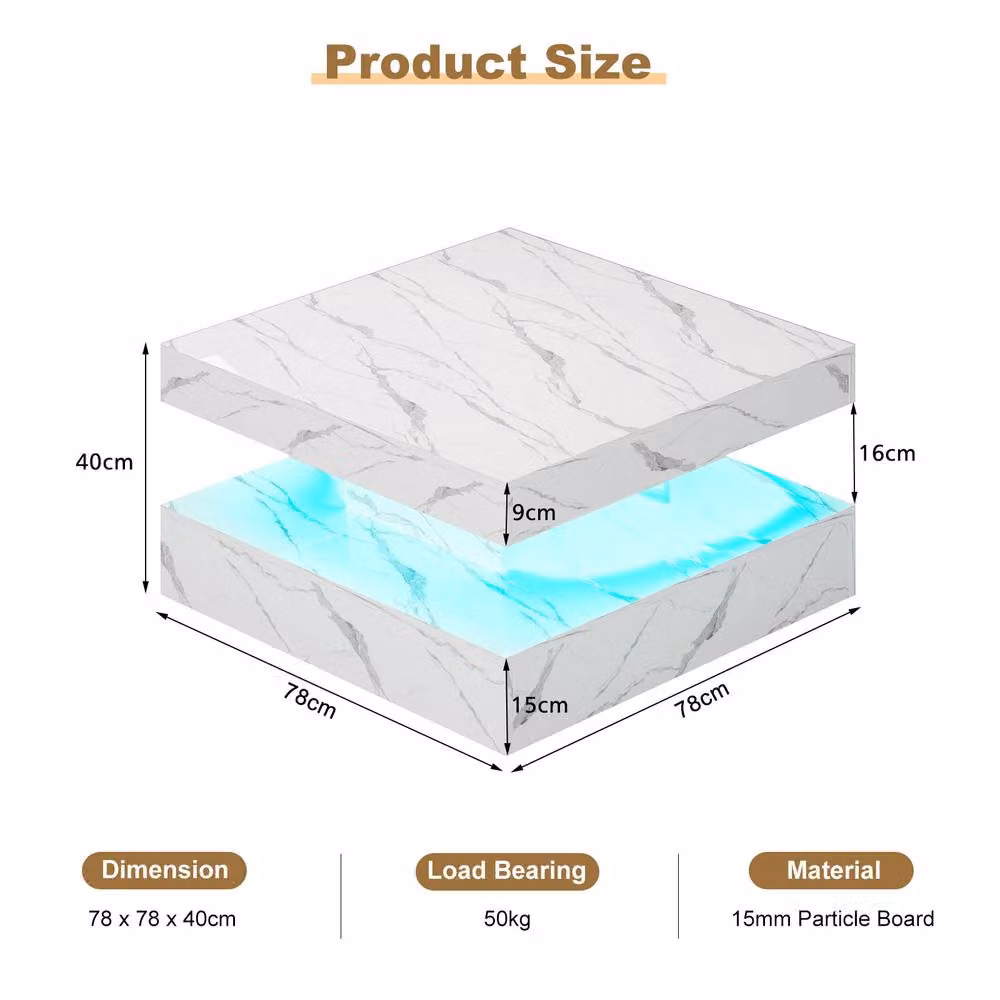 KEEPREAPER Modern Square Coffee Table with Storage and LED Light in White Marble Finish – 3