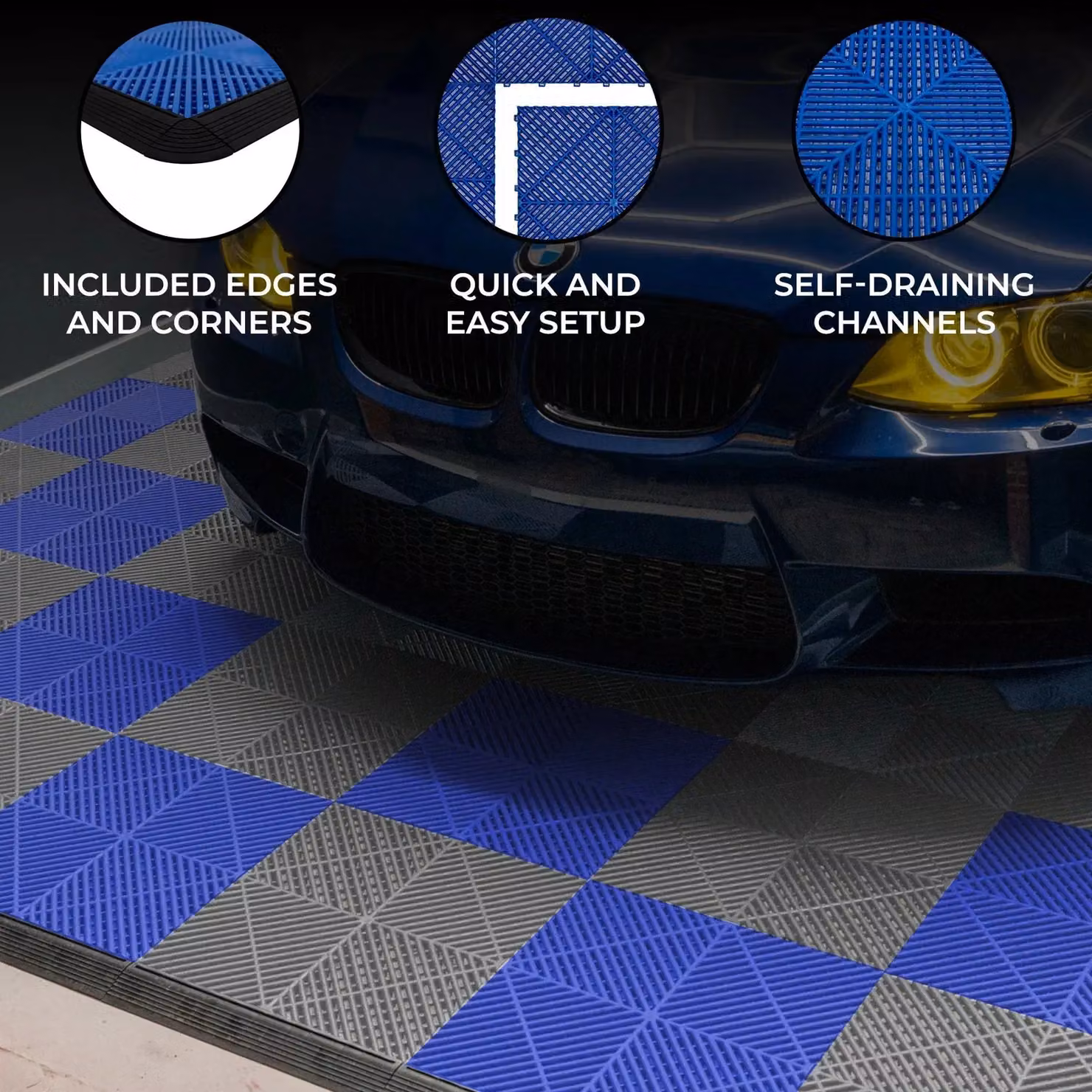 Monstershop Vented Plastic Garage Floor Tiles with Edges, 60 Grey and 60 Blue – 2