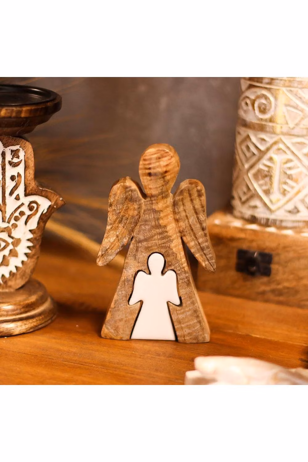 KDMD Modern White Enamel and Brown Mango Wood Angel Tabletop Figurine – 3