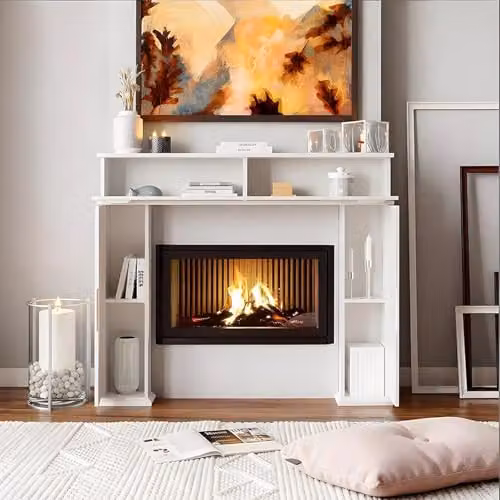 Gr8 Home White Wooden Fireplace Surround Mantelpiece with Storage Cabinet and Shelving, W/D/H: 107 x 18 x 101 cm