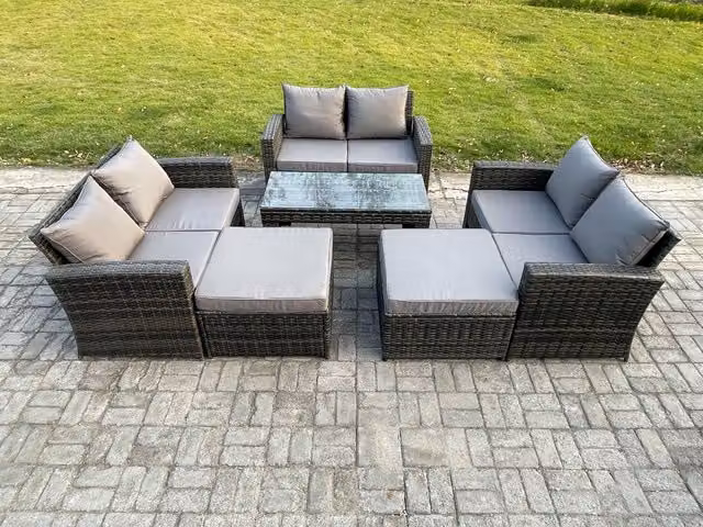 Fimous 8 Seater High Back Rattan Garden Furniture Set in Dark Grey with Rectangular Coffee Table and 2 Ottomans