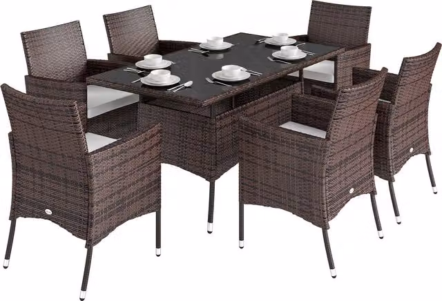 Outsunny 7-Piece Rattan Garden Furniture Dining Set in Brown and Black – 7