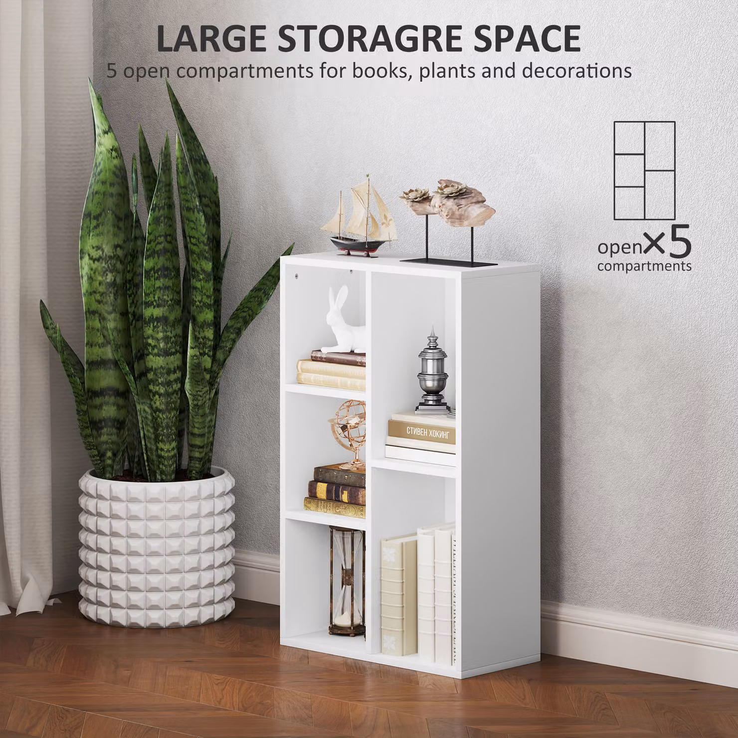 HOMCOM Modern 2-Tier Freestanding Cube Bookshelf with 5 Compartments in White – 3