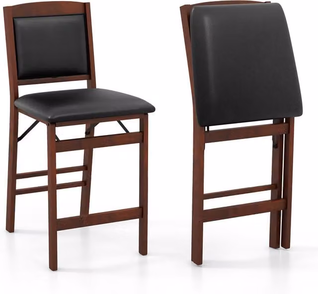 Set of 2 Costway Kitchen Dining Stools in Brown Synthetic Leather and Rubberwood