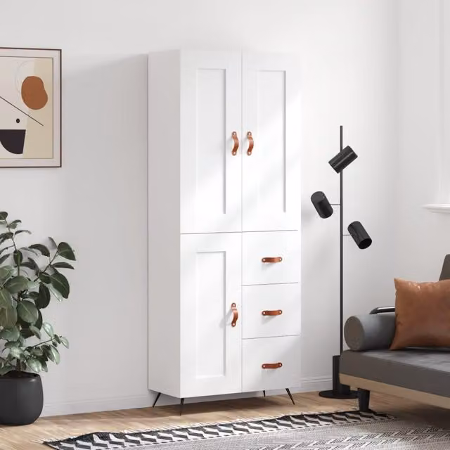 Berkfield Home Modern White Highboard with Hinged Doors and Internal Shelves, W/D/H: 69.5 x 34 x 180 cm