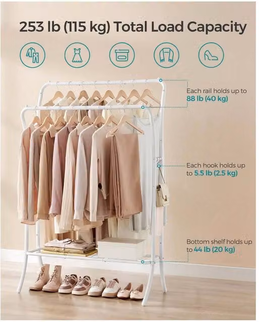 SONGMICS Double Clothes Rail with Hooks and Shelf, White