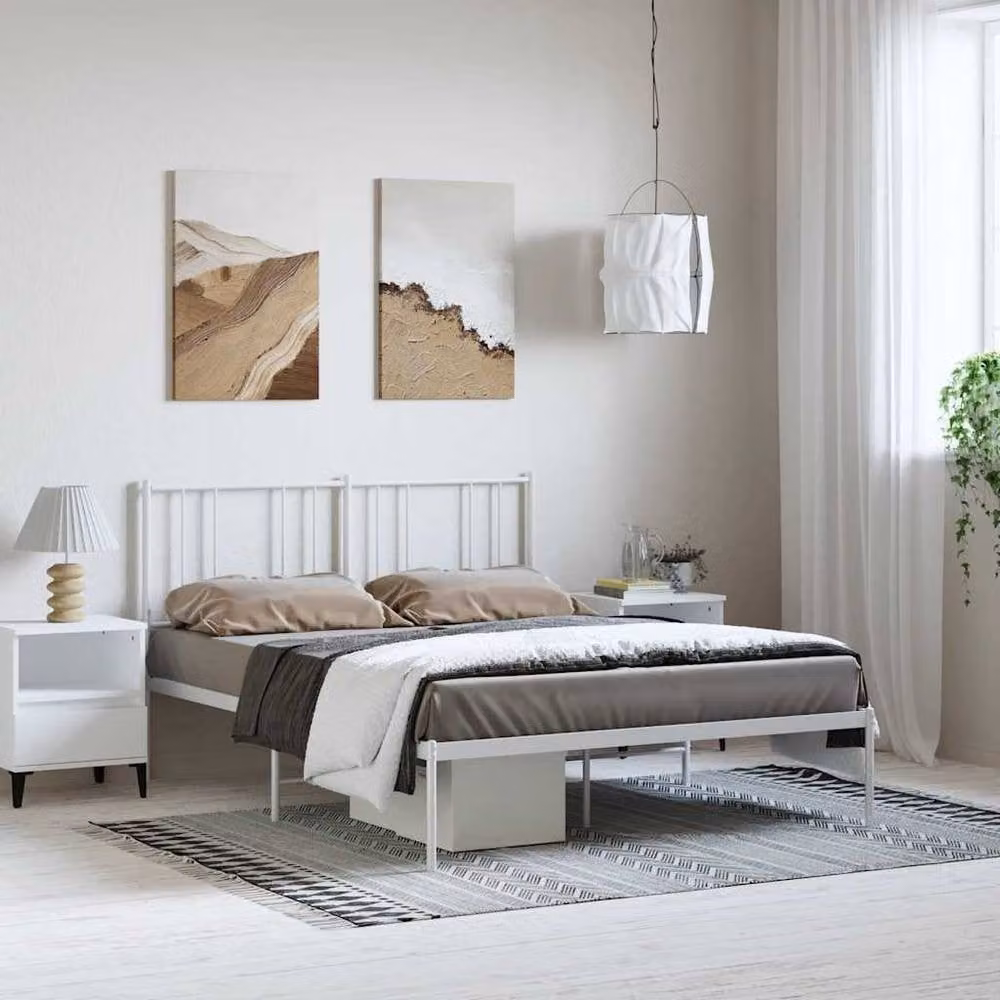 Berkfield Home Metal Bed Frame with Headboard in White, W/D/H: 150 x 200 cm – 1