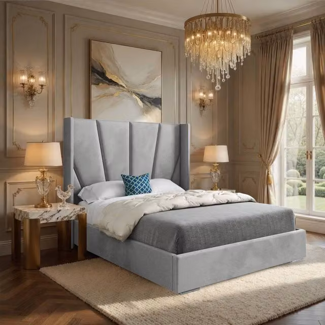 Casani Falmouth Super King Upholstered Designer Bed Frame in Grey Soft Velvet, W/D/H: 200 x 137 x 189 cm – 1