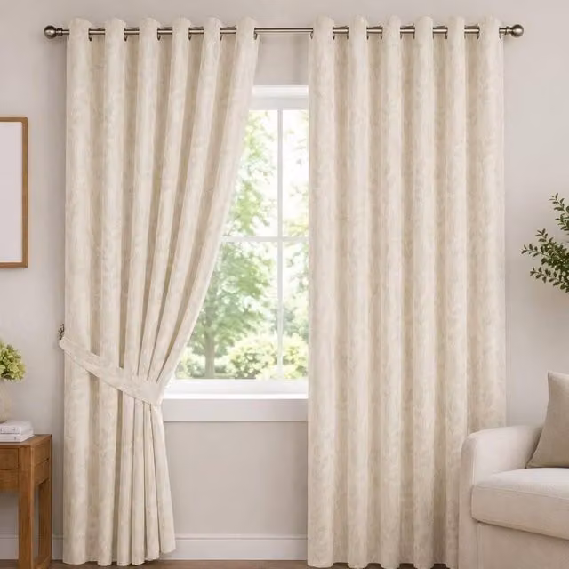 Luxury Living Jacquard Leaf Ring Top Curtains in Beige, Width: 117 cm, Drop: 229 cm – 1