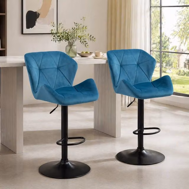 STILVORA Set of 2 Blue Velvet Swivel Bar Stools with Adjustable Height and Metal Base – 1