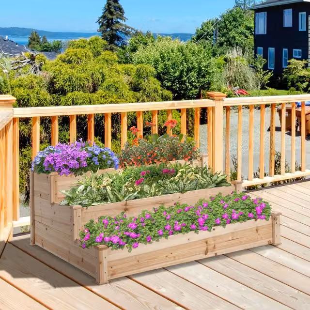 Outsunny 3-Tier Wooden Raised Bed Planter Kit in Beige or Brown, W/D/H: 124 x 124 x 56 cm – 2