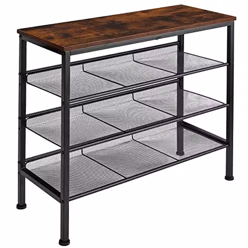 tectake 4-Tier Shoe Rack with Adjustable Shelves and Black Metal Frame in Brown and Black, W/D/H: 75.5 x 30.5 x 69.5 cm – 1