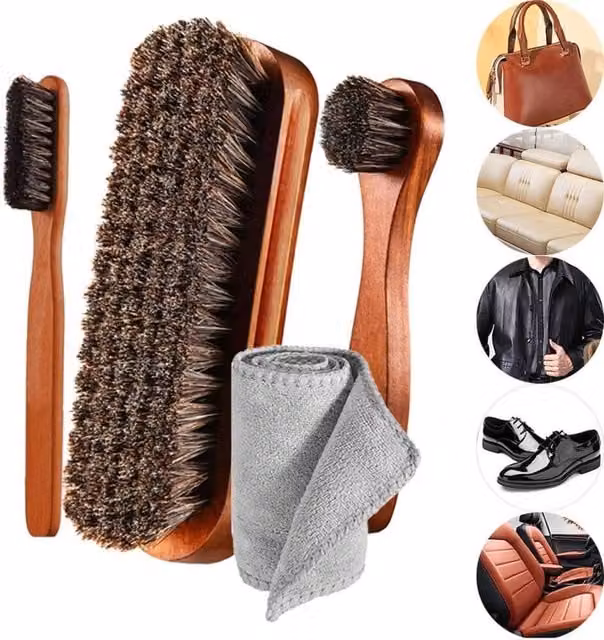 PAWNORA 4 Piece Horsehair Shoe Shine Brush Kit in Brown