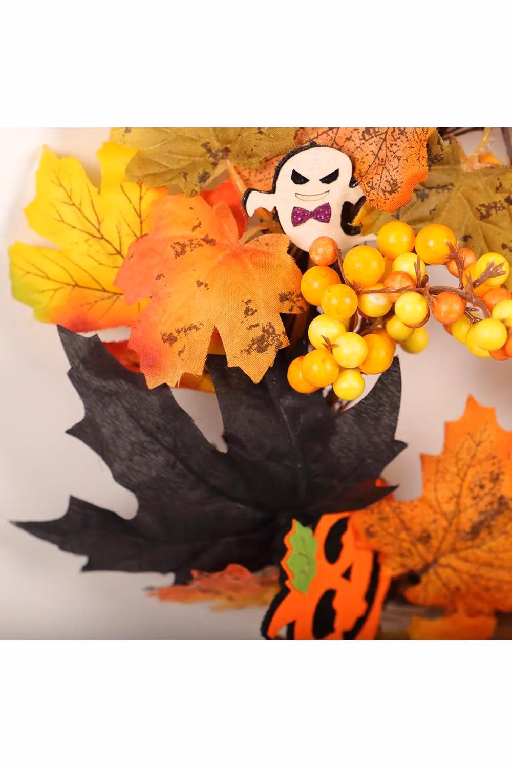 Living and Home Halloween Rattan Wreath with Maple Leaves, Berries, Ghost Card and 2m LED String Lights in Orange and Yellow, Diameter: 35 cm – 4