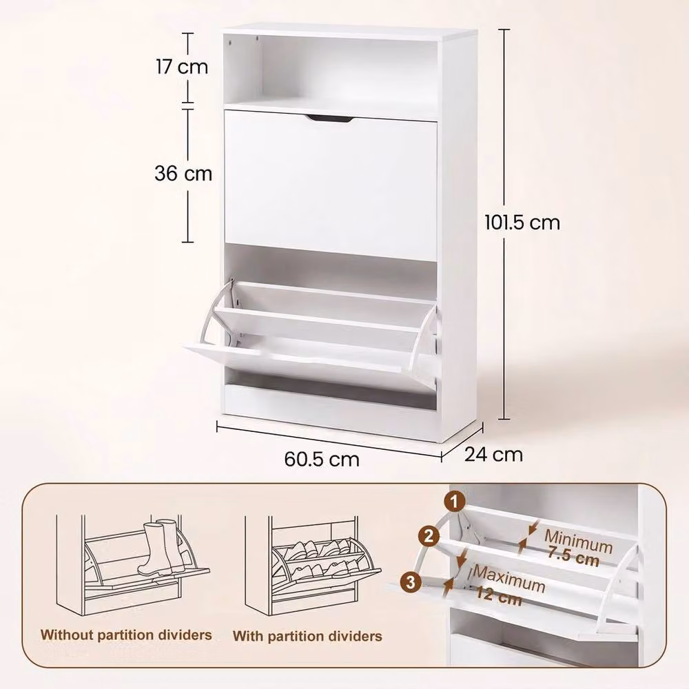 KORVIXA Modern White Shoe Cabinet with 2 Drawers and Open Shelf – 2