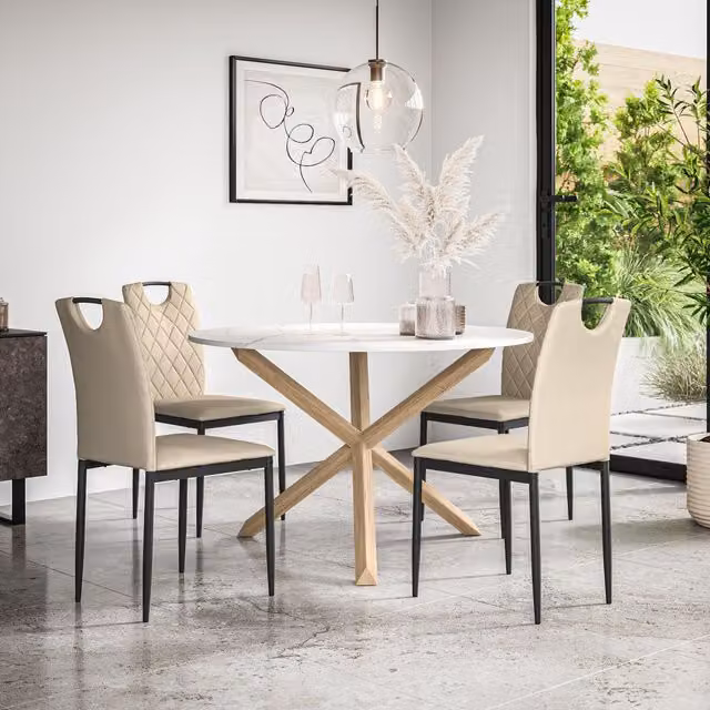 More4Homes Malvern Round Dining Table and 4 Monza Faux Leather Chairs Set, Marble Top with Solid Oak Legs in Beige and White