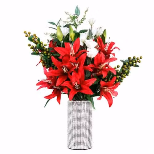 Leaf Design UK Mixed Artificial Flower Display with Glass Vase in Silver, Green, White and Red