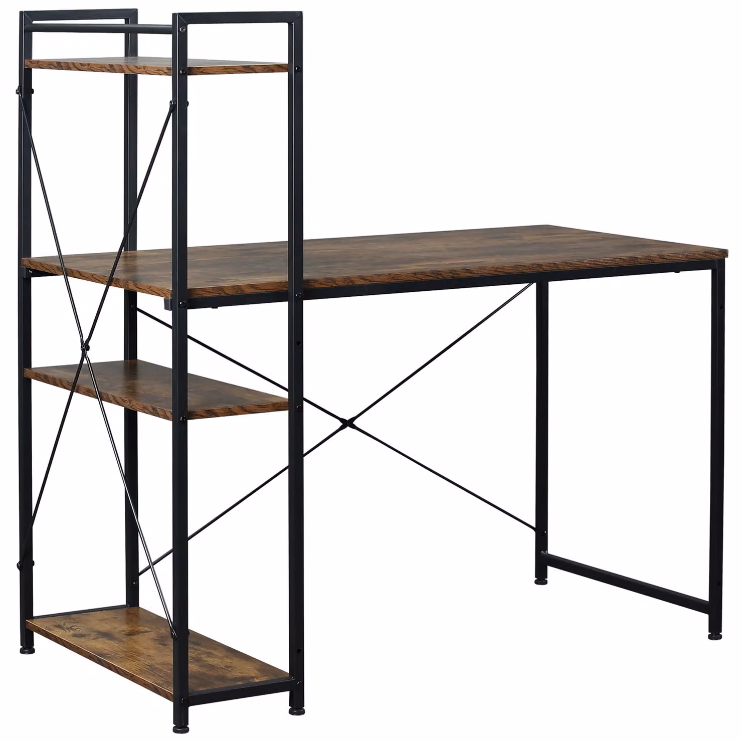 HOMCOM Modern Computer Desk and Laptop Table with 4-Tier Bookshelf and Metal Frame in Brown – 2