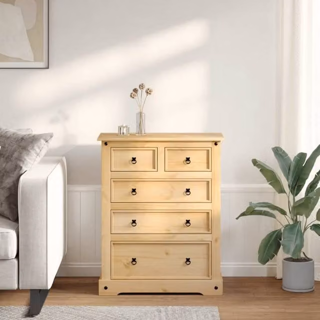 Berkfield Home Beautiful Corona Chest of Drawers in Light Tan Solid Pine Wood, W/D/H: 92 x 48 x 114 cm