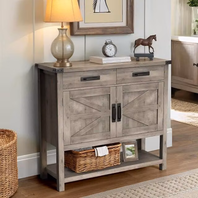 London Boutique Grey Wooden Console Table with 2 Doors and 2 Drawers Buffet Sideboard – 1