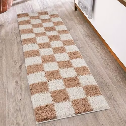 Desire Rugs Chester Modern Checkered Shaggy Area Rug, Terracotta, W: 60 cm, L: 220 cm