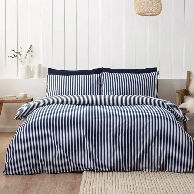 PAWNORA Navy Blue Striped Brushed Cotton Flannel Reversible Double Duvet Cover and Pillowcase Set, W/D/H: 200 x 220 cm