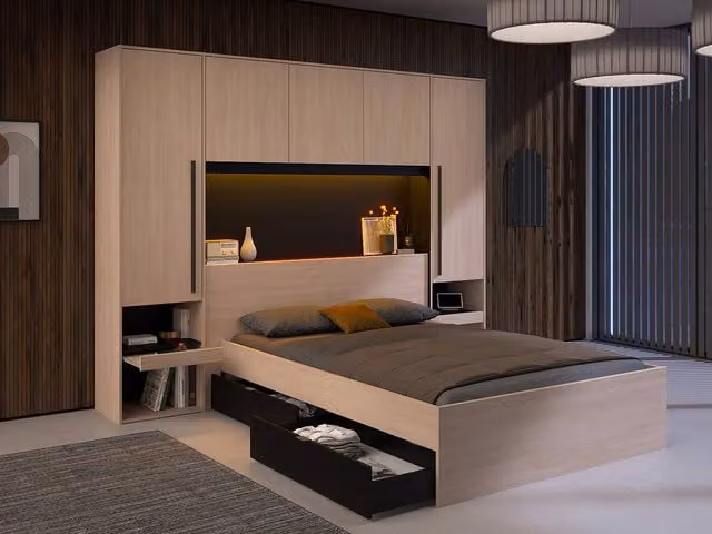 VELONA Modern Overbed Storage Unit with Integrated Lighting and Hanging Rod in Light Oak and Black – 1