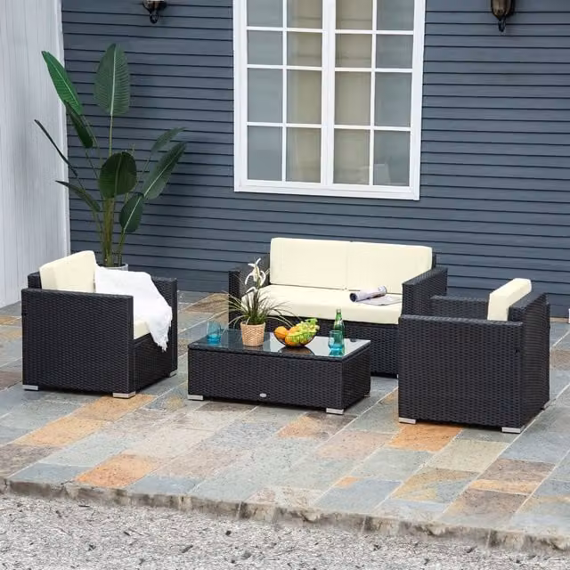 Outsunny 4-Piece Black Rattan Sofa Set with Coffee Table – 2