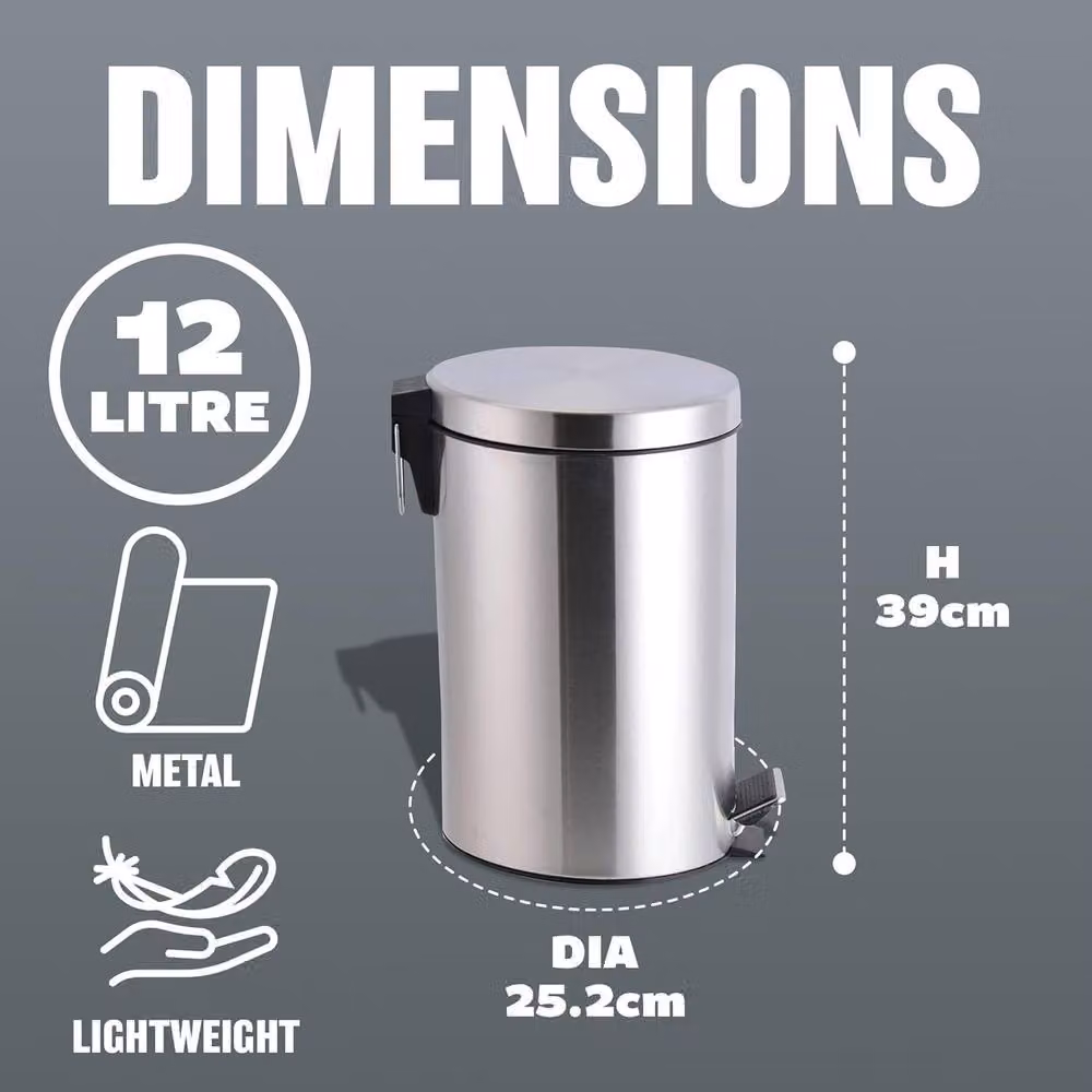 BARGAINS-GALORE 12 Litre Metal Pedal Bin with Removable Inner Bucket in Silver – 3