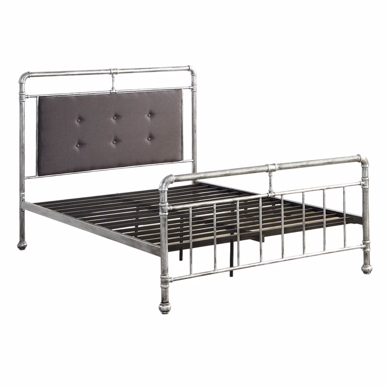 OAT Home Shoreditch Industrial Scaffold Metal Bed Frame with Grey Upholstered Headboard, Distressed Silver, W/D/H: 180 x 163 x 120 cm – 4