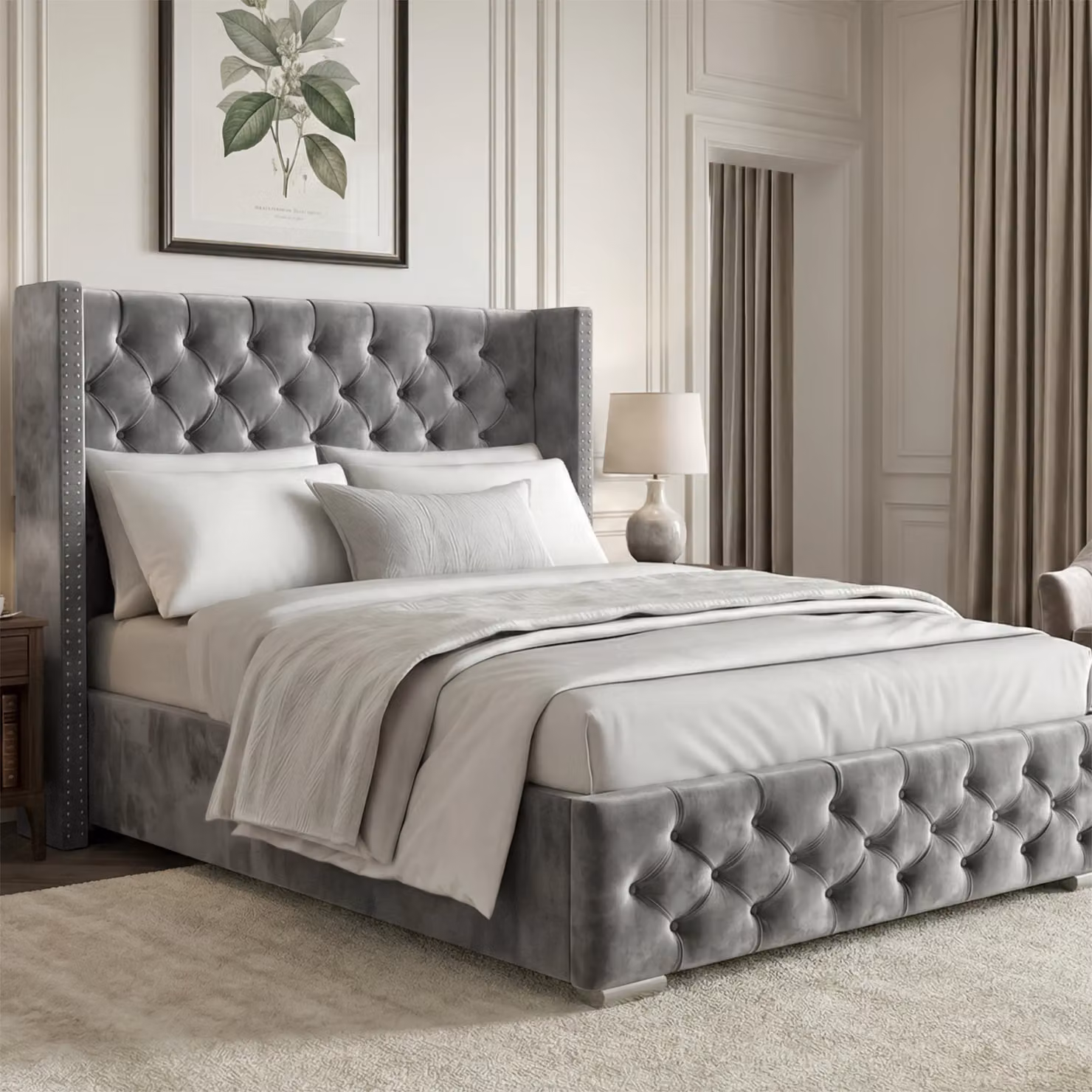 DHS Grey Velvet Cross Pattern Ottoman Storage Bed with Winged Headboard, Small Double (4ft), W/D/H: 120 x 200 cm