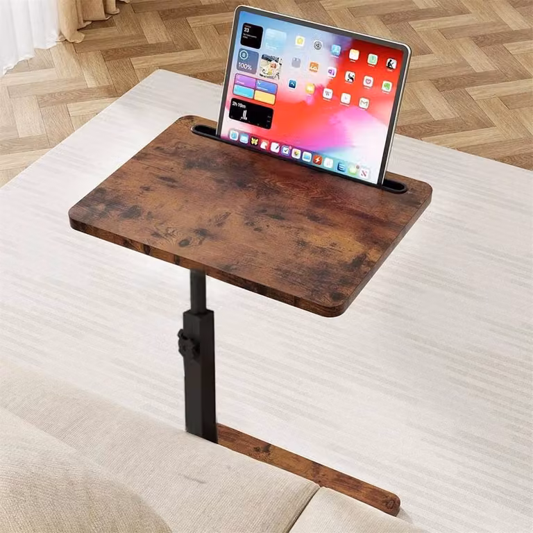 FLAVORA Height Adjustable C-Shaped Swivel Side Table in Brown with Rotating Top