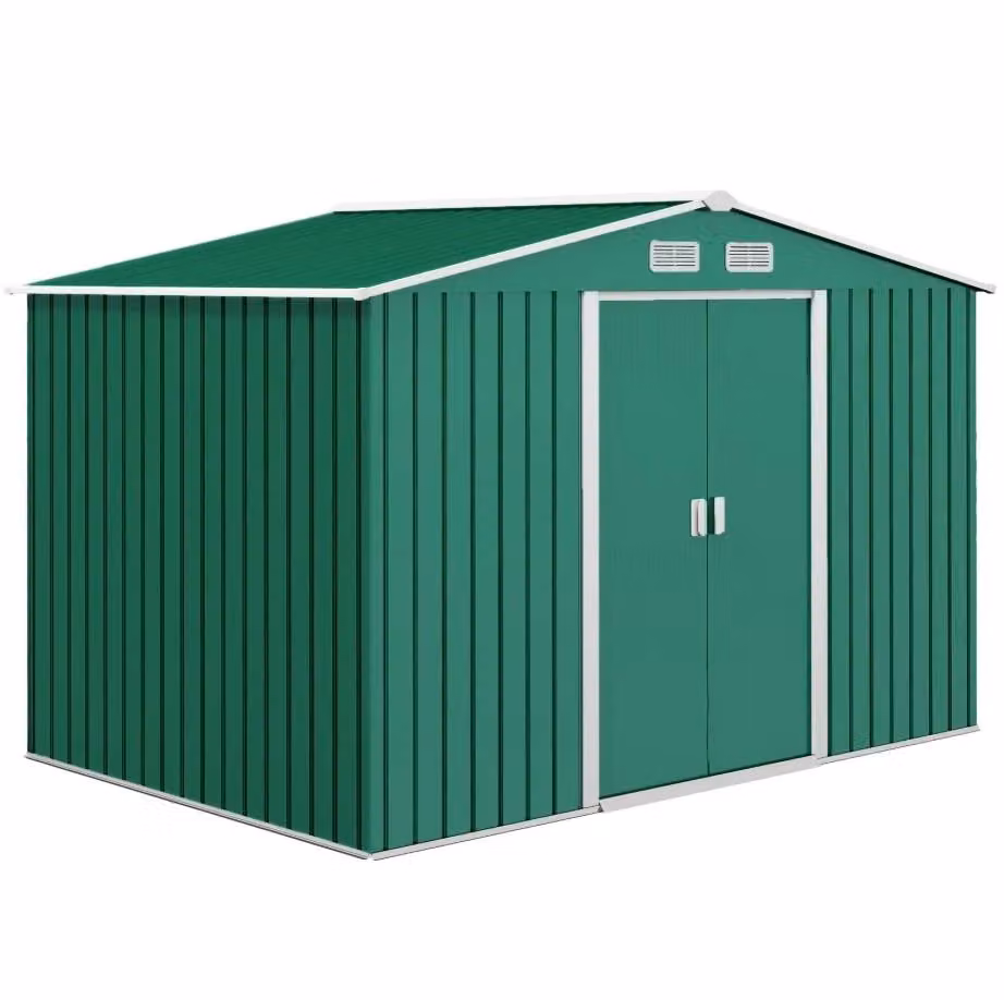 Cheap Furniture Warehouse Green Galvanised Steel Pent Garden Storage Shed with Double Sliding Doors