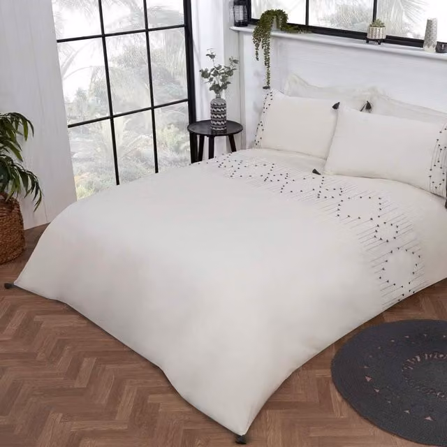 Smart Living Boho Embroidered Tassel Duvet Cover and Pillowcase Set, White, Single, 90 x 200 cm