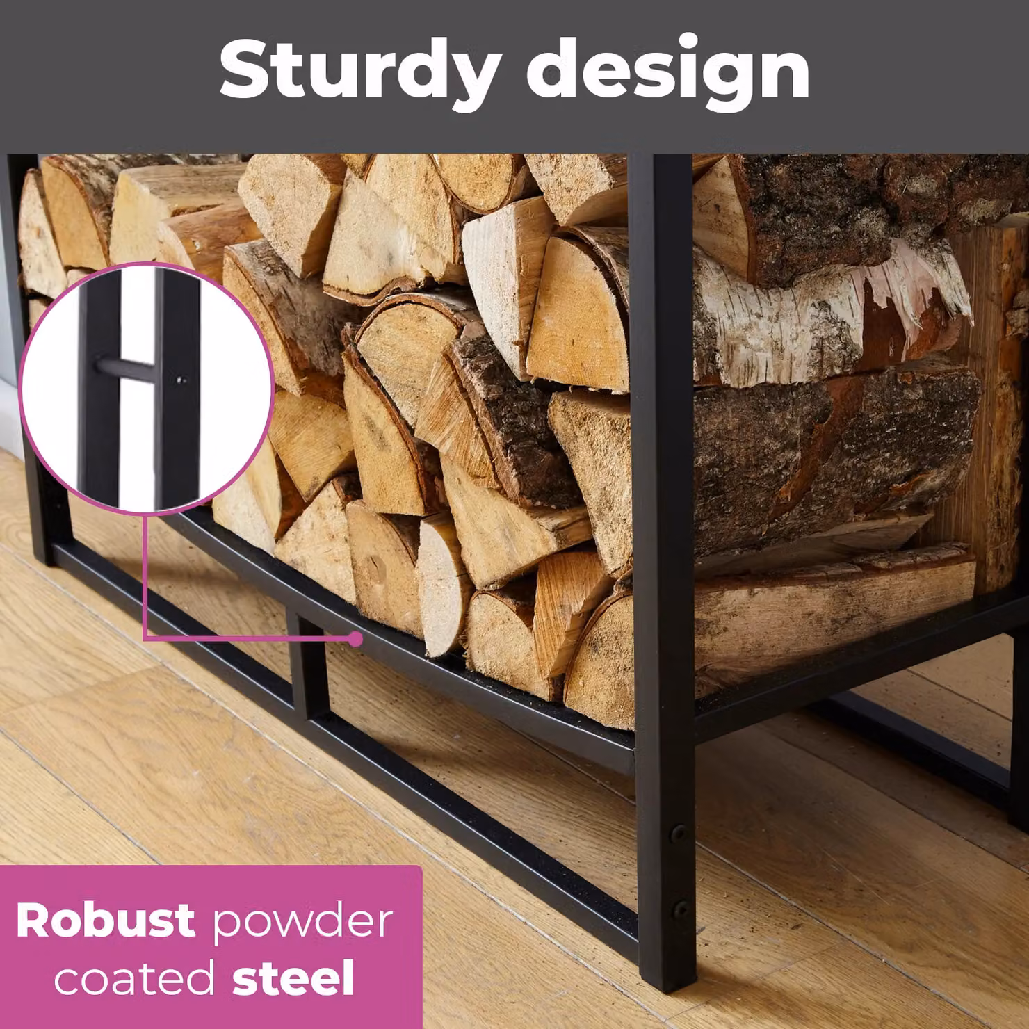 Neo Black Freestanding Metal Indoor Firewood Log Rack with Hooks in Matt Black – 3