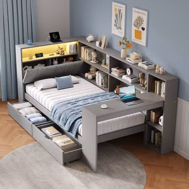 Merax Grey and White Single Corner Cabin Bed with Desk, LED Lighting, USB Charging Port and Drawers, W/D/H: 190 x 90 x 220 cm – 1