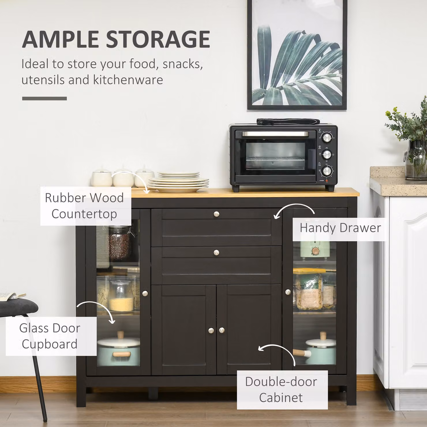 HOMCOM Modern Storage Cabinet Sideboard with Oak Top, 4 Doors, 2 Drawers and 5 Adjustable Shelves in Black Brown – 4