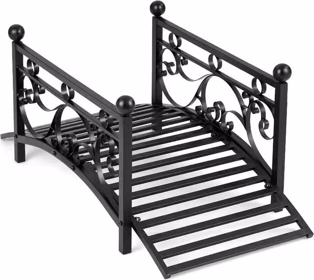 Gymax Arched Garden Bridge with Dual Patterned Metal Side Rails in Black, 101.5 cm