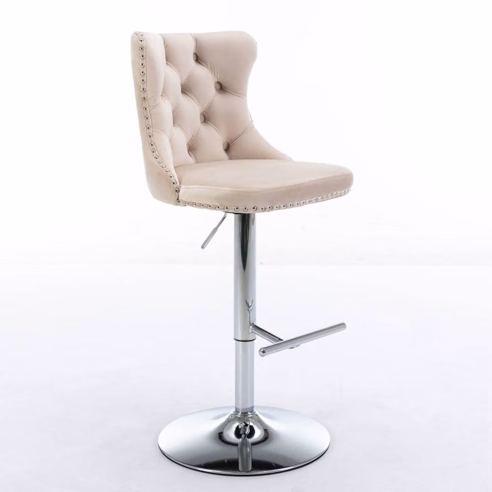 Modern Home Touch Set of 2 Luxury Velvet Adjustable Swivel Bar Stools in Beige with Gold Metal Base – 2