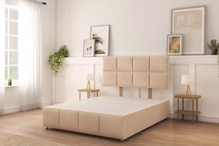 Sloomy Brington Naples Single Divan Bed Base with 26 inch Strutted Headboard in Light Sand Velvet