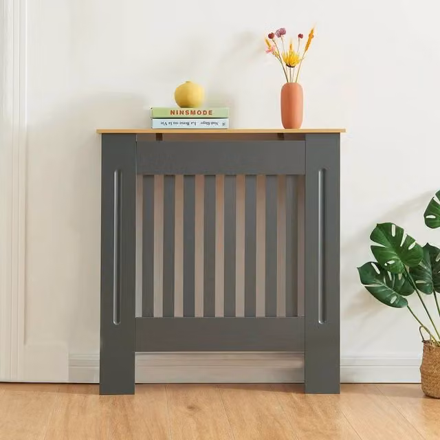 SPETLEK Modern Radiator Cover Wall Cabinet with MDF Slats, Grey and Wood Top – 1