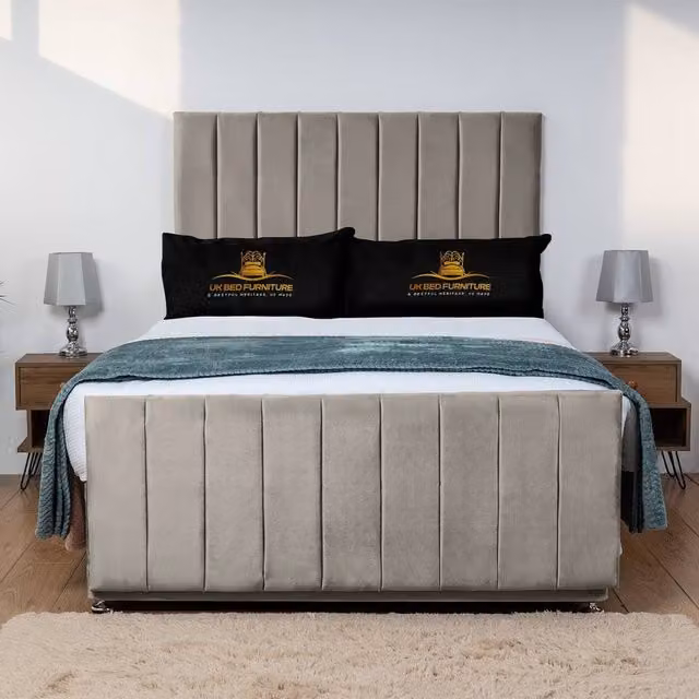 UK Bed Furniture Hampton Divan Bed Base with 26 Inch Headboard, Light Beige, W/D/H: 90 x 190 x 66.04 cm