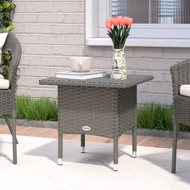 OUTSUNNY Grey PE Rattan Square Outdoor Coffee Table with Powder Coated Steel Frame