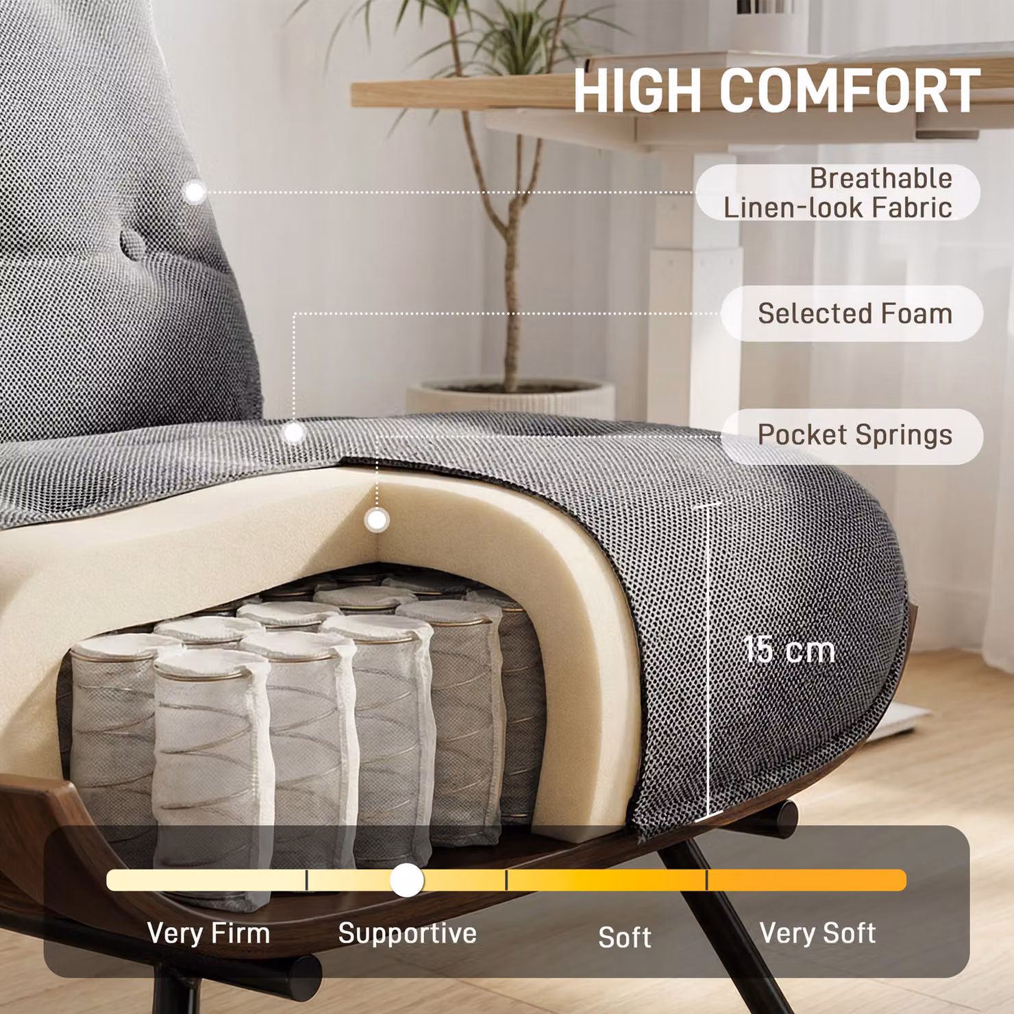 HOMCOM Dark Grey Linen-look Fabric Accent Chair with Armrests and Spring Cushion – 4