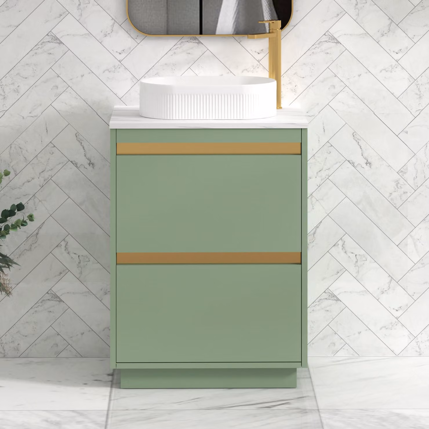 Royal Bathrooms Orion 800mm Mint Sage Floor Standing Countertop Vanity Unit with 2 Drawers, Lyon Basin and Brushed Brass Accent Trim