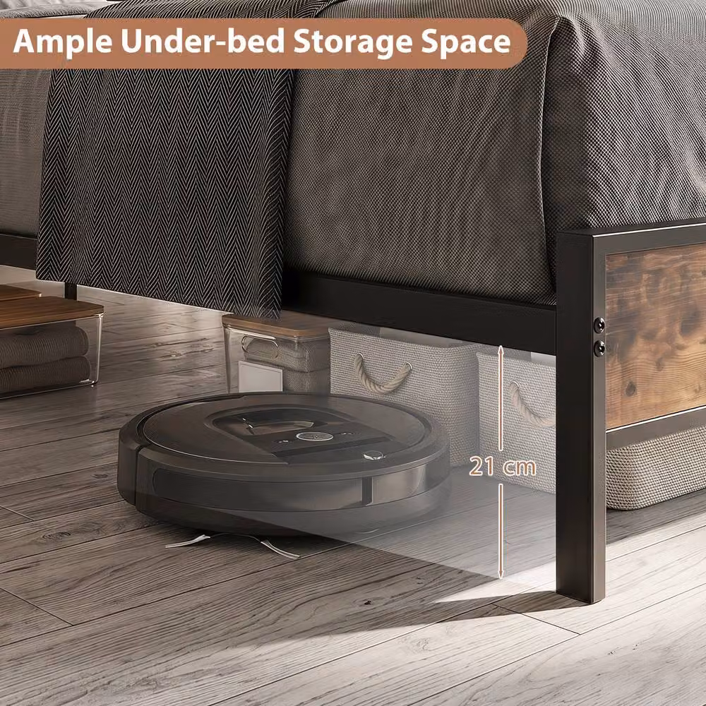 Costway King Size Industrial Metal Platform Bed Frame with USB Charging Station and Side Compartments, Brown, W/D/H: 180 x 200 cm – 5