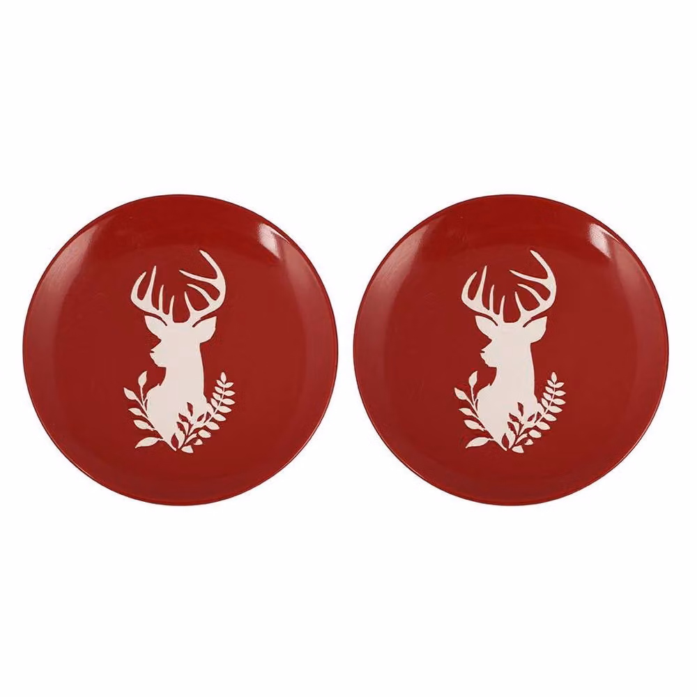 Dibor Set of 2 Red and White Christmas Stag Ceramic Side Plates, Diameter: 21 cm – 2