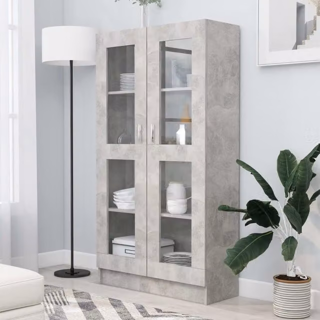Berkfield Home Vitrine Cabinet in Concrete Grey with Glass Doors, W/D/H: 82.5 x 30.5 x 150 cm
